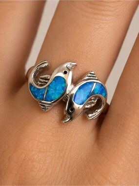 Sterling Silver Dolphin Ring Lab Created Opal Quality Size 6.50